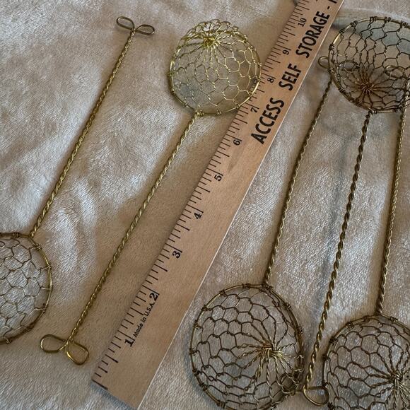6 Vtg Gold Brass Metal Mesh Spoon Scoop Wire Oil Skimmer Strainer Fried Fondue - Picture 4 of 4